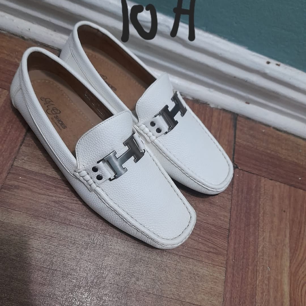 White and Silver Slip-On Loafers with Metallic Detail